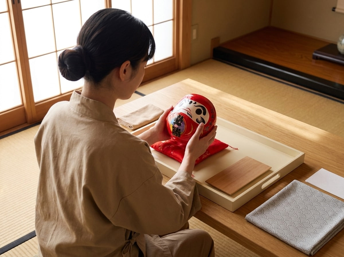 Woman in linen apron examining a large red daruma doll ceramic piece with painted face resting on a red silk cushion in a warm Japanese tatami room
