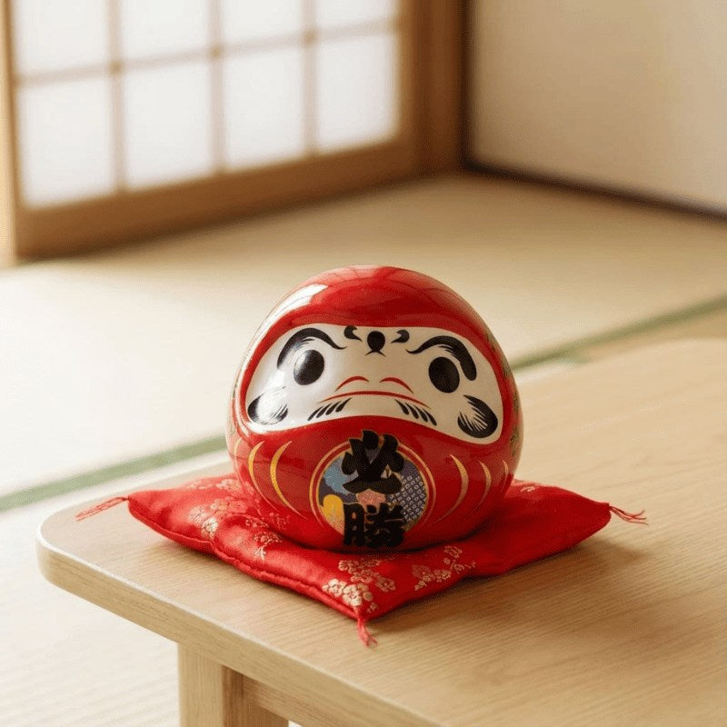 Traditional red daruma doll japanese ceramic with golden decorative patterns sitting on floral cushion in peaceful tatami room with blurred background