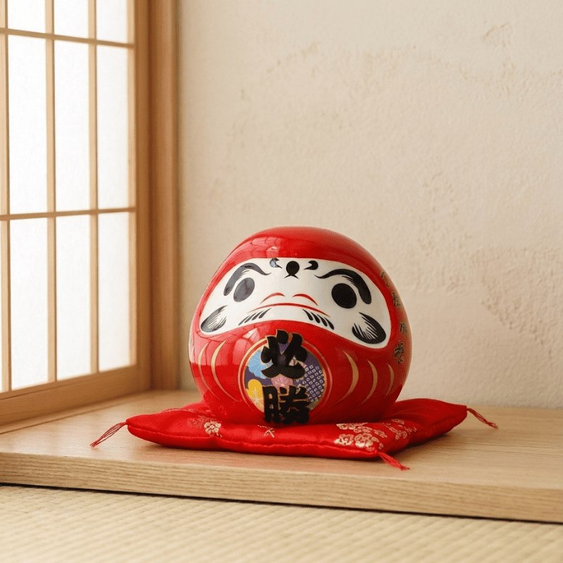 Classic red daruma doll with traditional kanji characters displayed on decorative silk cushion near shoji screen bringing good fortune to traditional space