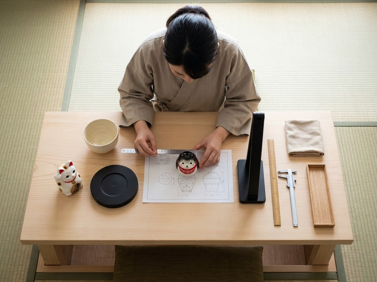 Overhead view of a woman in kimono measuring a red daruma shiba inu doll against technical blueprints on a tatami worktable with maneki-neko figurine and precision tools