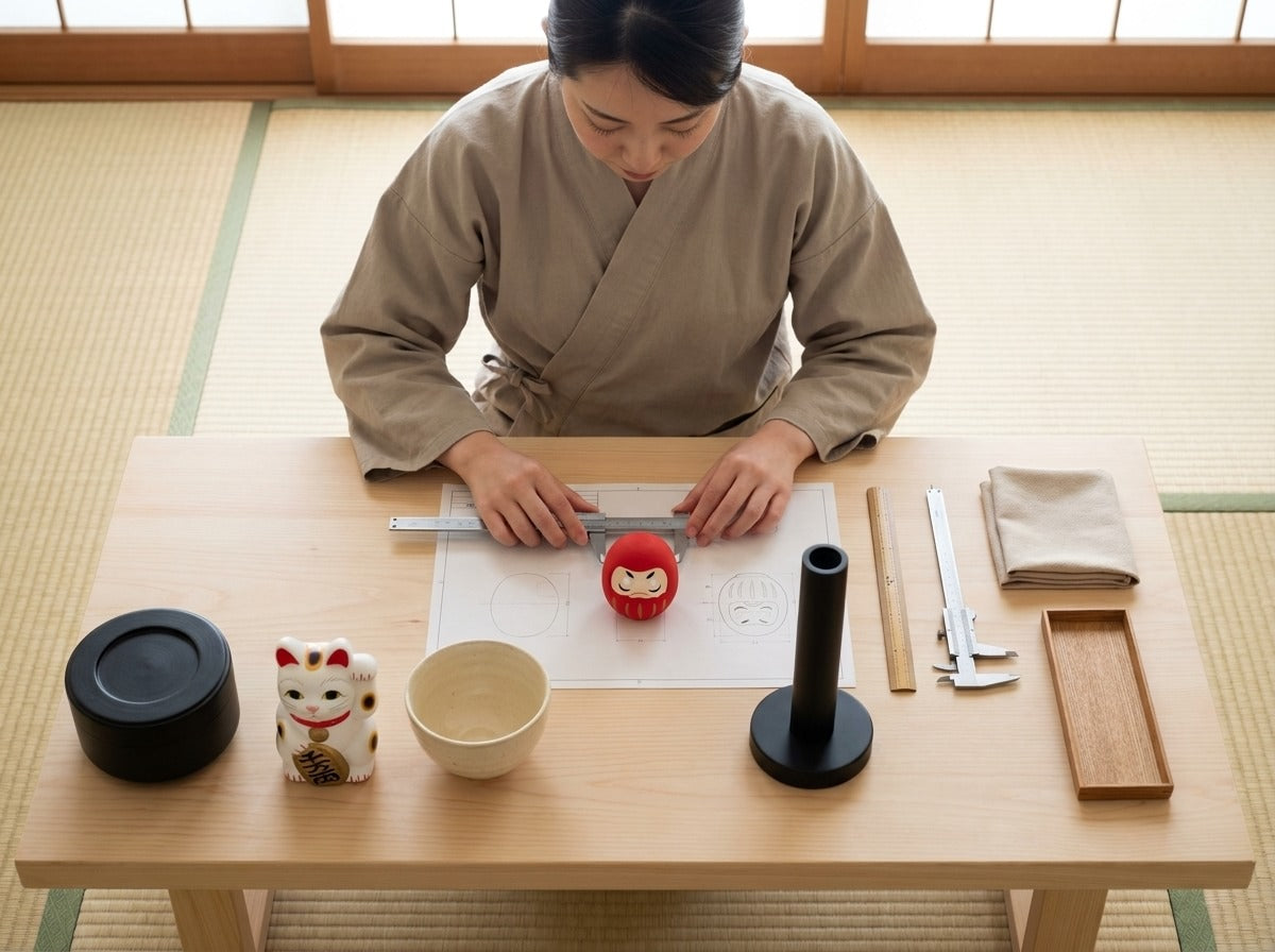 Overhead craftsmanship scene measuring a very small red daruma doll with calipers on a scale blueprint, maneki neko figurine and black lacquer bowl on the wooden table