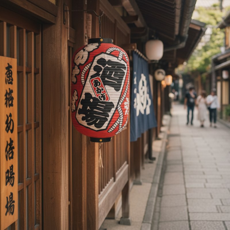 Authentic red japanese paper lanterns with bold calligraphy hanging outside wooden storefront with blue noren curtain in historic quarter