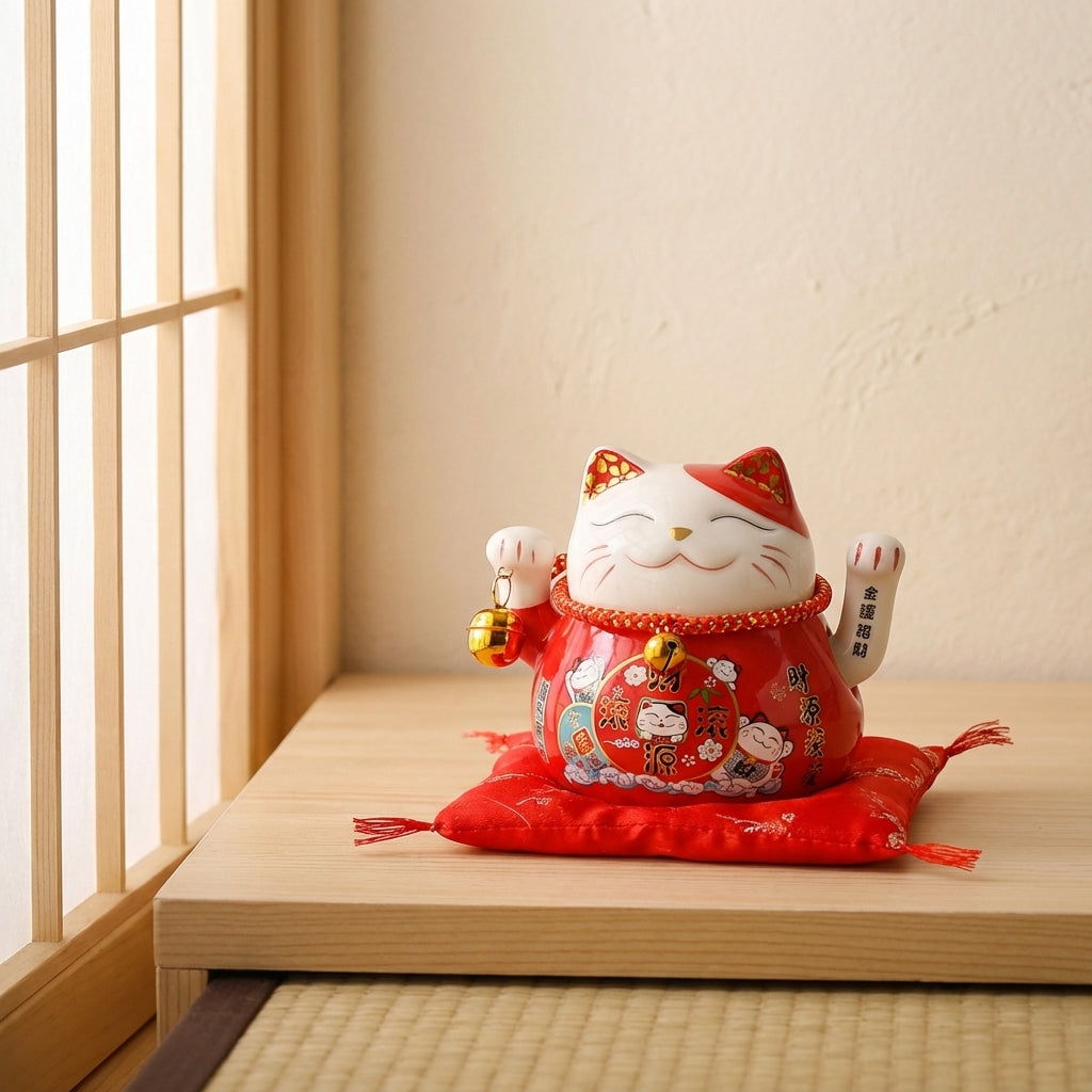 Red maneki neko statue with fringed satin cushion and gold bell charm, positioned on a low wooden step beside a shoji screen door on a tatami floor