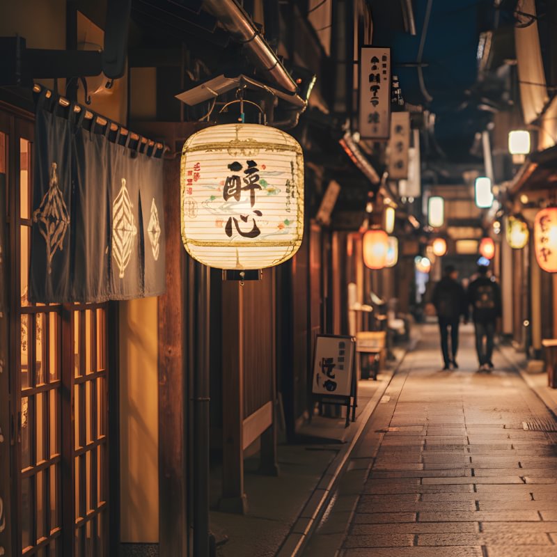 Illuminated river outdoor japanese lantern with water patterns and calligraphy hanging outside traditional wooden restaurant entrance on historic street at night