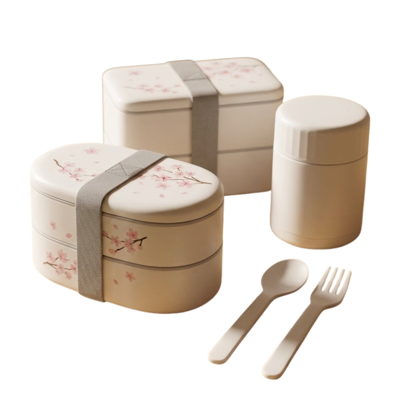Complete sakura bento hot box bundle with oval and rectangle containers soup cup spoon and fork displayed on clean white background
