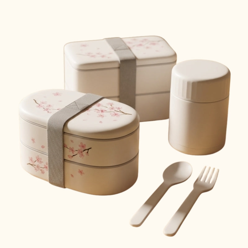 Complete sakura bento hot box bundle with oval and rectangle containers soup cup spoon and fork displayed on clean white background