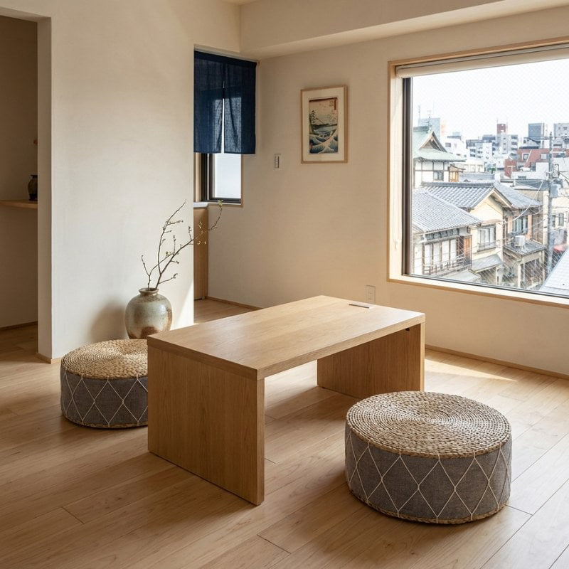 Seat japanese cushion duo with grey diamond motifs beside chabudai table overlooking urban rooftops with noren and sumi-e art