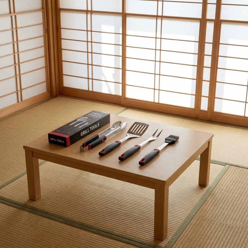 Complete set bbq tool with stainless steel spatula tongs fork and basting brush with original gift box on wooden table in Japanese tatami room with shoji screens