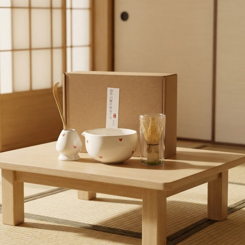Elegant set tea matcha with heart motif and kraft packaging box on wooden table with shoji screen