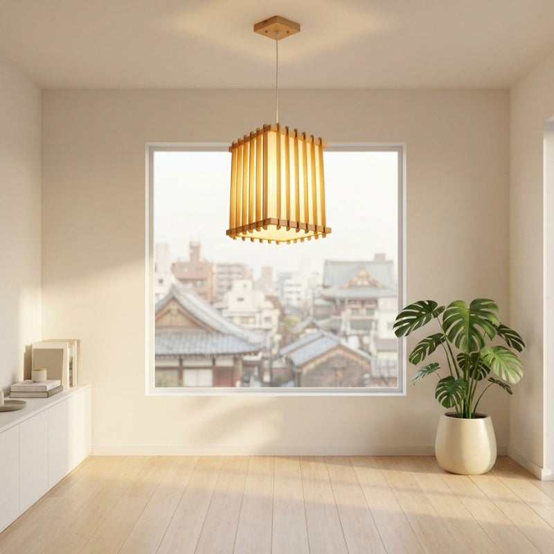 Illuminated shoji japanese style pendant light showcasing warm ambiance in room with traditional neighborhood view