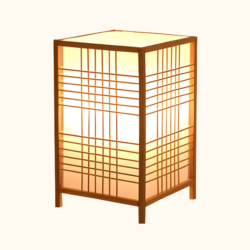 Authentic shoji lamp wood with square lattice frame and warm amber light on white background