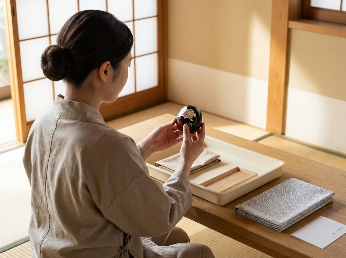 Woman in linen apron carefully examining a small black daruma doll with red accents in a warm Japanese tatami room near shoji screen