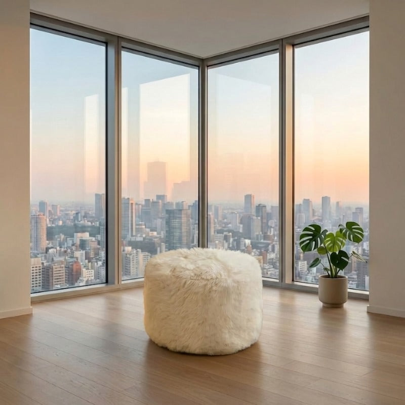 Cream shaggy fur sofa Japanese low pouf placed by floor to ceiling windows overlooking a city skyline at sunset, with a monstera plant nearby