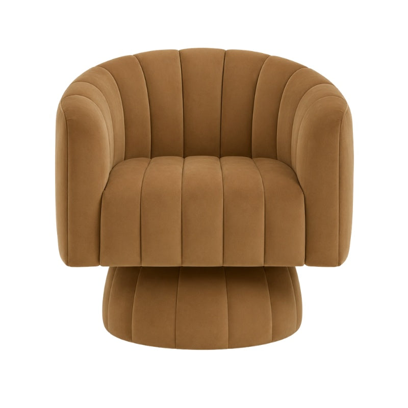 Sofa japanese modern armchair with terracotta teddy fabric bubble design and sculptural pedestal base isolated on neutral background