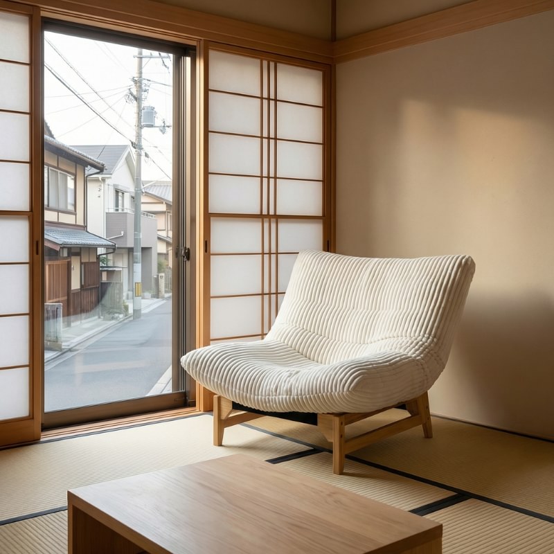 Sofa japanese traditional white with corduroy texture on tatami near open sliding door with street view and low wooden table