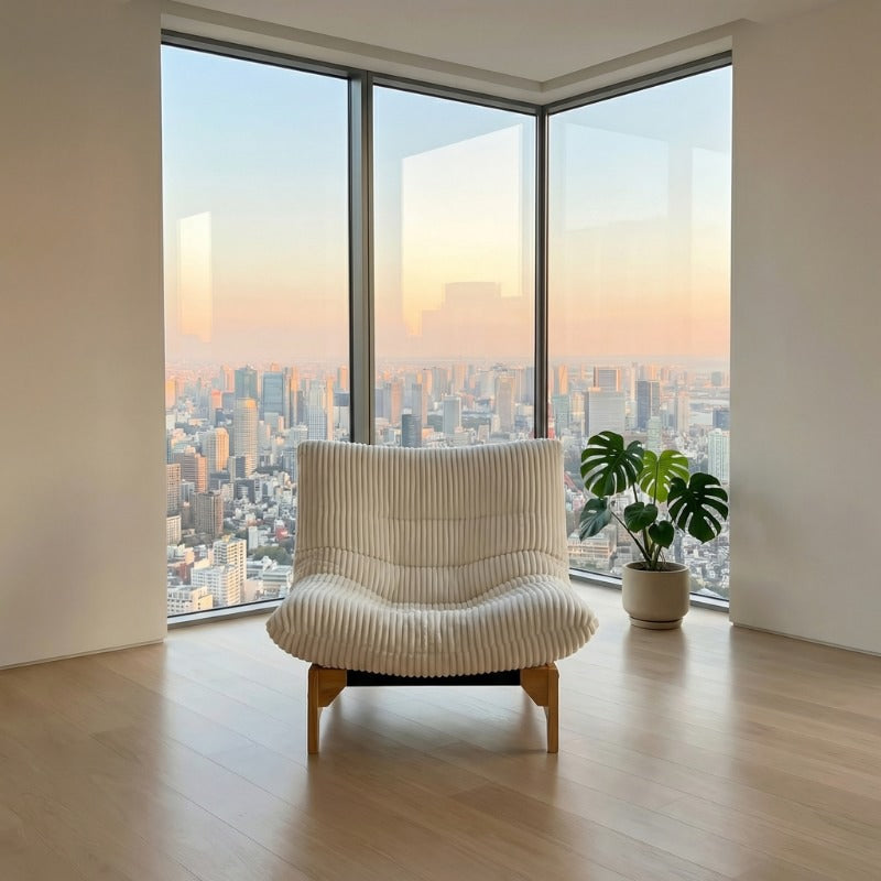 White sofa japanese traditional with vertical ribbed pattern in modern apartment with corner panoramic city skyline views at sunset