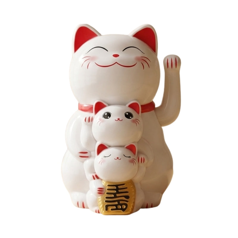 Pristine white solar japanese maneki neko three generation family with red accents and golden treasure on clean background