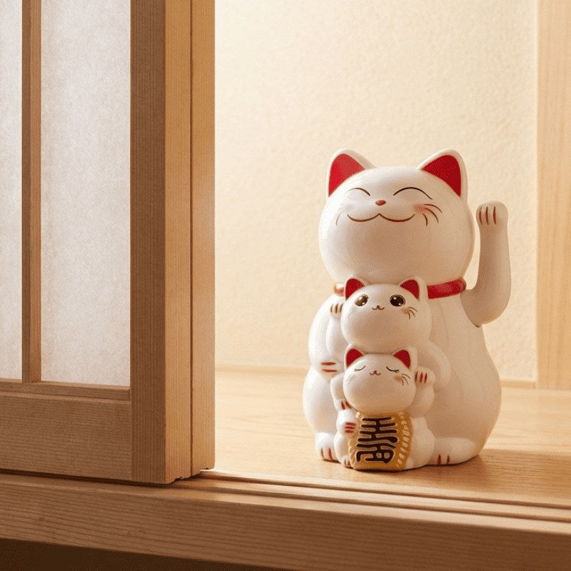 White solar maneki neko family of three on wooden windowsill near traditional shoji screen in bright natural daylight setting