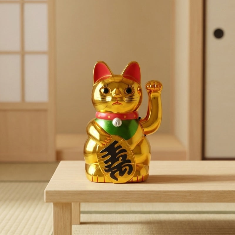 Fortune statue maneki neko gold cat with beckoning paw and prosperity coin sitting on low white table in serene Japanese interior