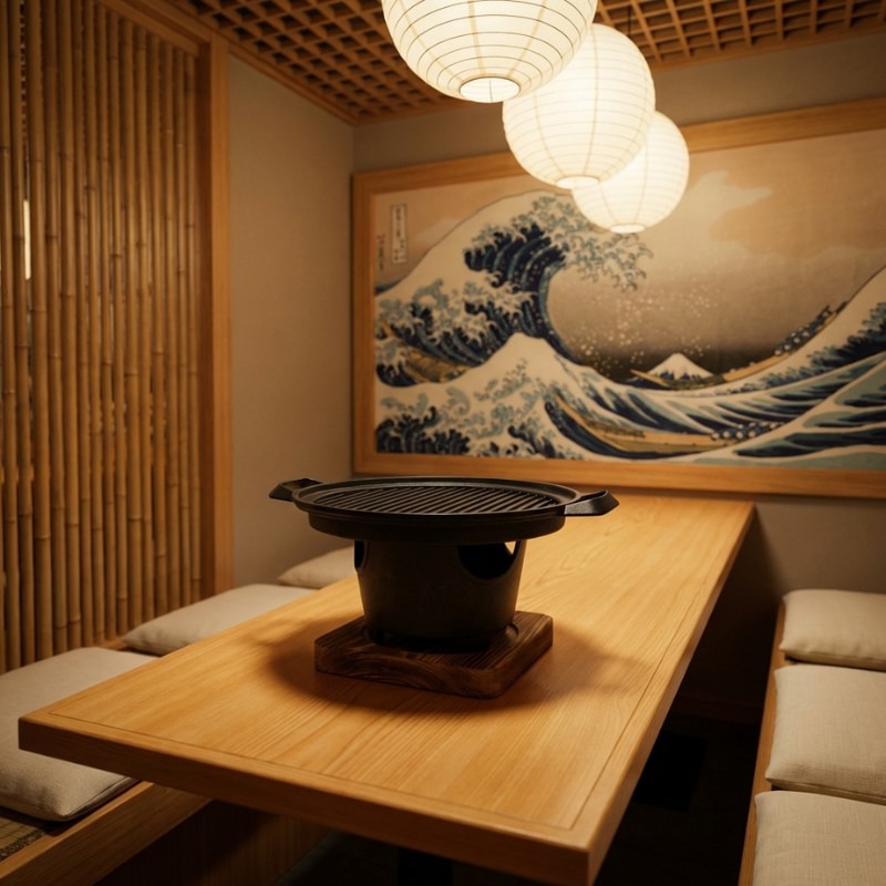Style Japanese barbecue plate on wooden table in zen restaurant interior with Great Wave wall art and white paper lanterns