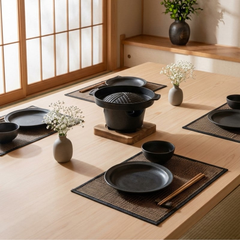Style Japanese barbecue round ceramic cooker with ridged plate as dining table centerpiece with black tableware and shoji screens