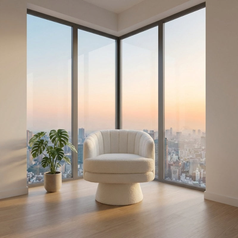 Style japanese chair with ivory channel tufting in modern apartment with corner panoramic city skyline views at sunset