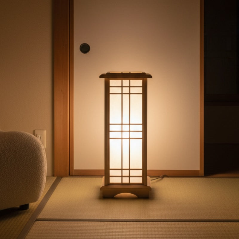 Glowing style lamp japanese illuminating tatami room with warm ambient light near shoji screen creating peaceful evening atmosphere