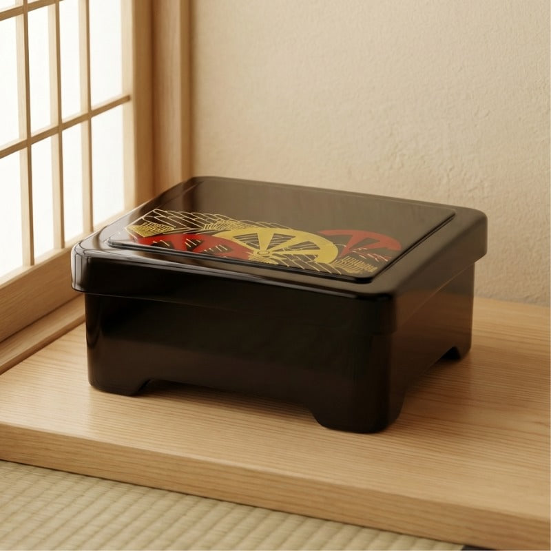 Sleek sushi bento box in black with transparent cover near bright shoji window on wooden table surface