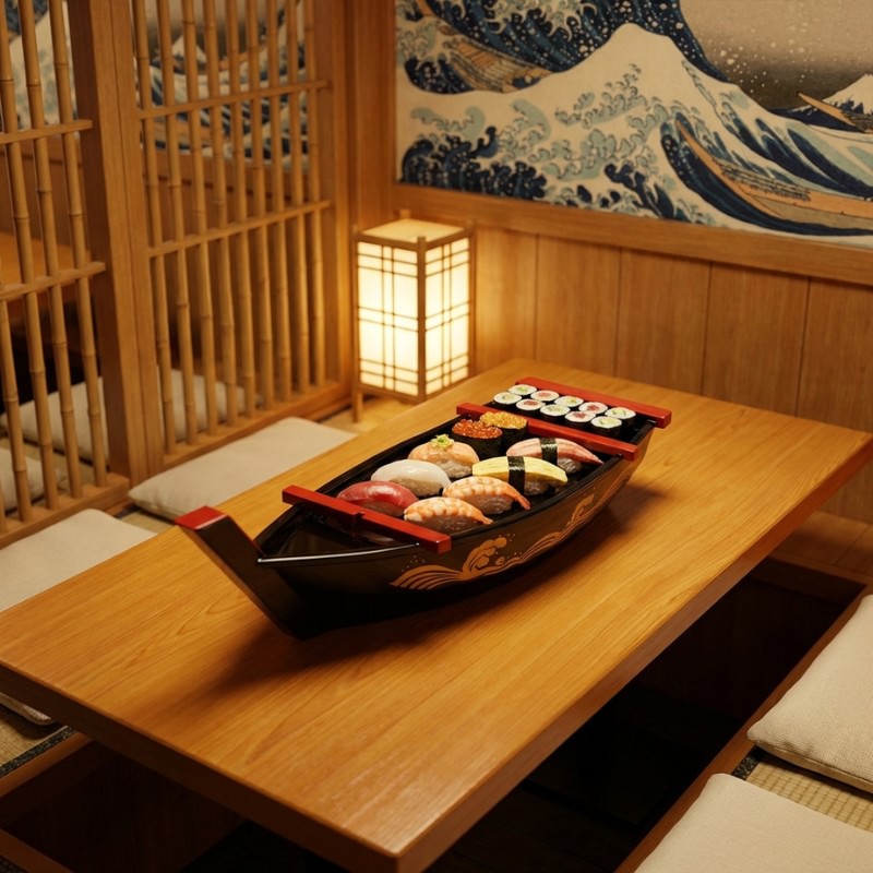 Sushi boat floating black lacquer serving assorted nigiri maki and sashimi in zen restaurant with lantern and Great Wave art