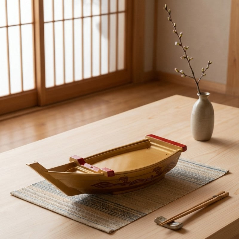 Sushi boat gold lacquer with wave engravings on natural wood table with fabric placemat chopsticks and cherry blossom vase