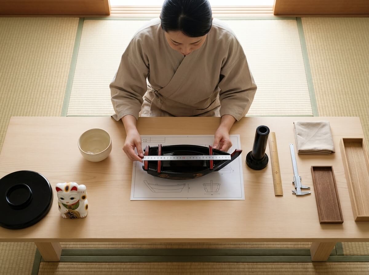 Overhead view of a black lacquered sushi boat sushi vessel with gold wave detailing and red-trimmed handles, measured against a blueprint with craft tools