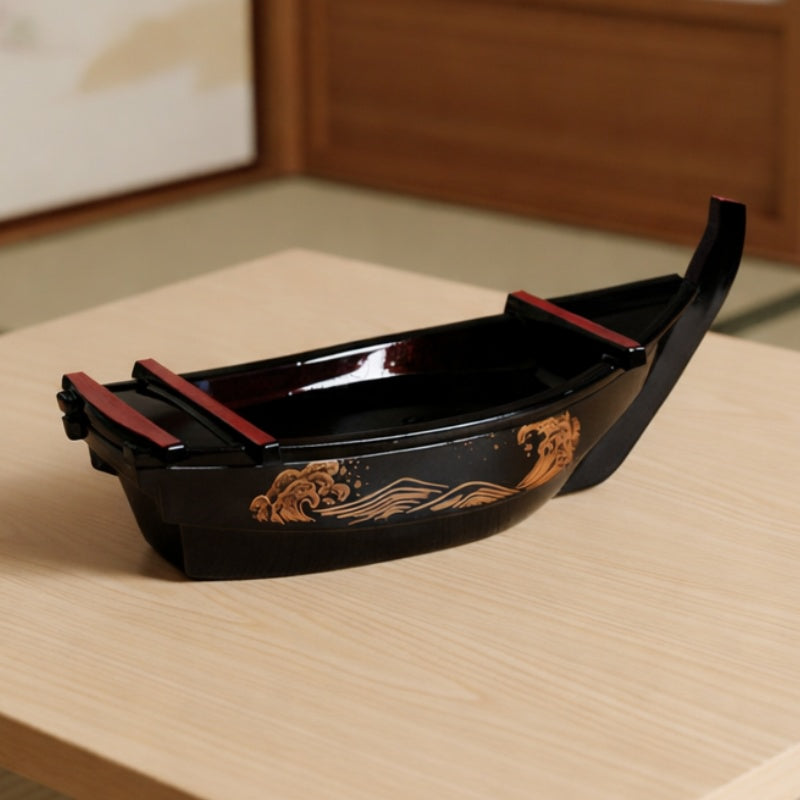 Sushi boat sushi glossy black curved platter with gold wave decoration on minimalist table near shoji sliding doors