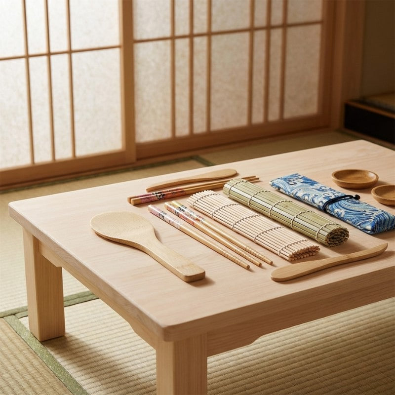 Minimalist sushi make kit arranged on chabudai low table with shoji paper screen background