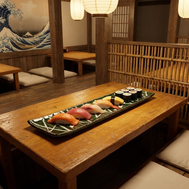 Professional sushi plate zigzag presentation with assorted nigiri and maki in traditional izakaya restaurant setting