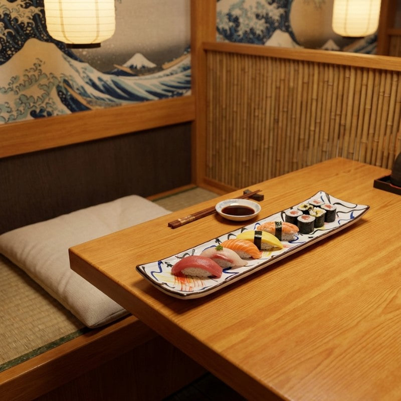 Premium sushi set plate with assorted nigiri and maki served with soy sauce in authentic Japanese restaurant interior