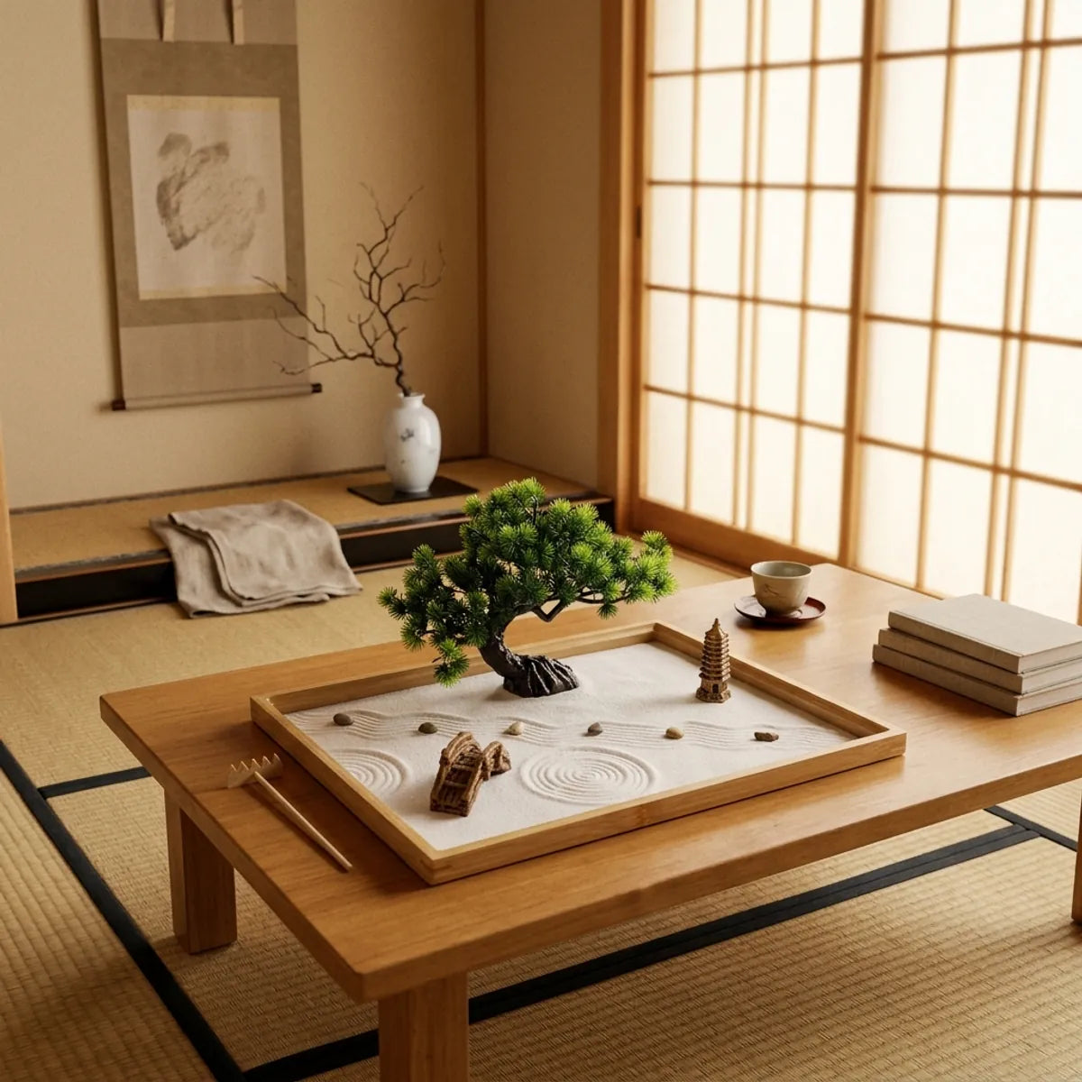 A wider view of the miniature zen garden placed near a tokonoma alcove, with a hanging scroll painted in a single brush stroke in the background.