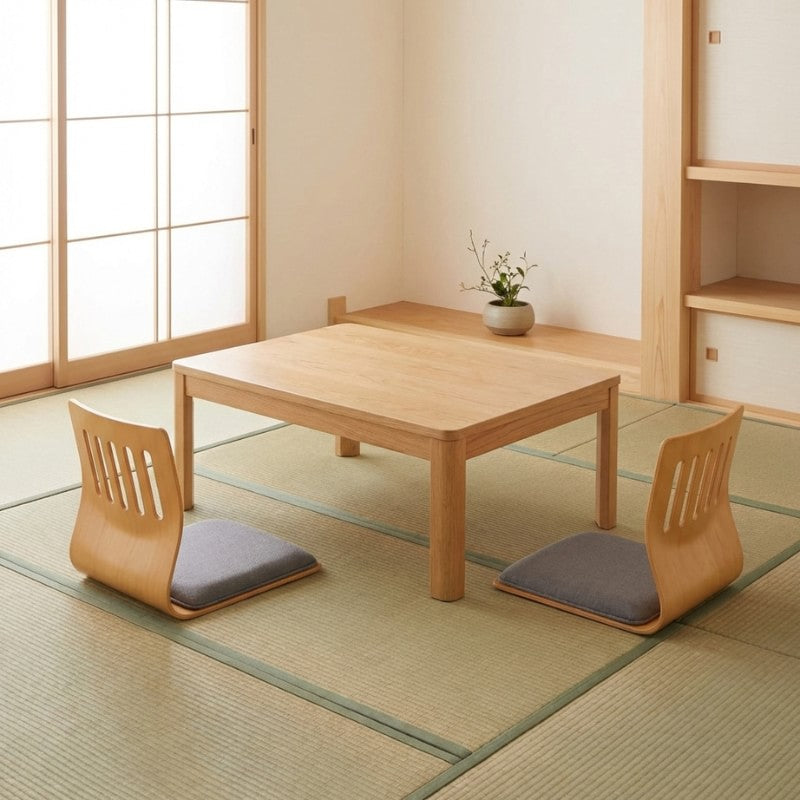 Tatami japanese chair pair with bentwood slat backs around low table on tatami in traditional room with shoji screen