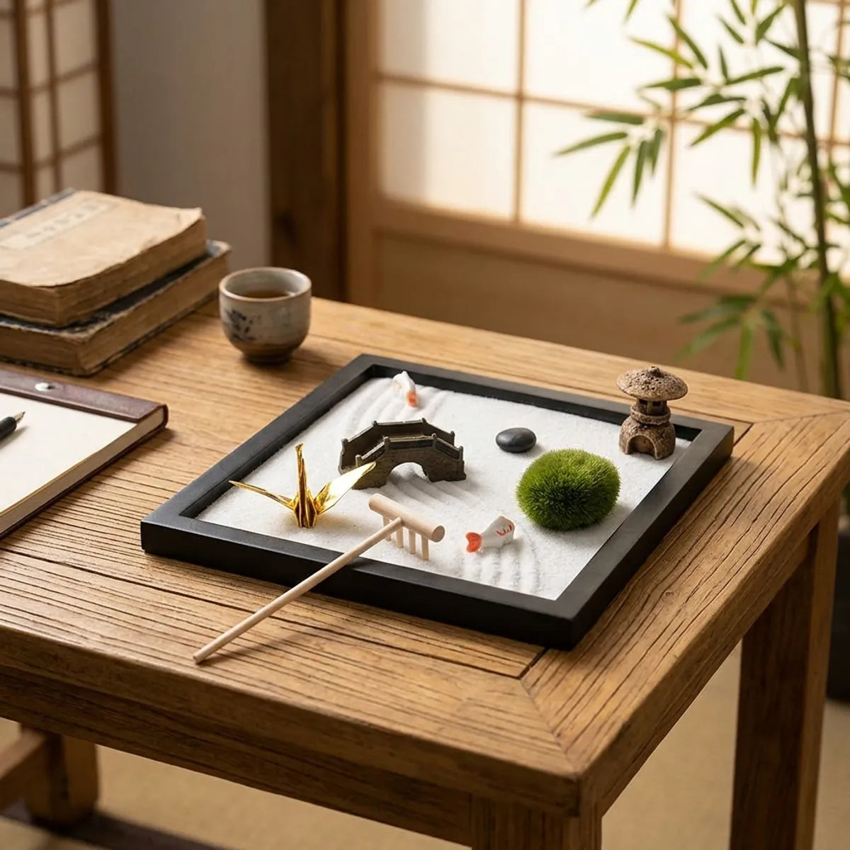 A wide view of a tatami room showing the zen garden tray placed near a low chabudai table.