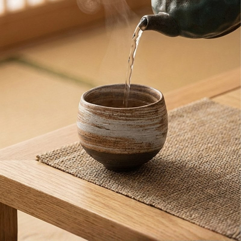 Tea cup japanese ceremony with dark vessel pouring into striped cup on woven mat atop wooden table