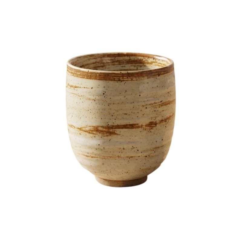 Tea cups ceramic japanese featuring speckled ivory glaze with natural brown striping on neutral backdrop