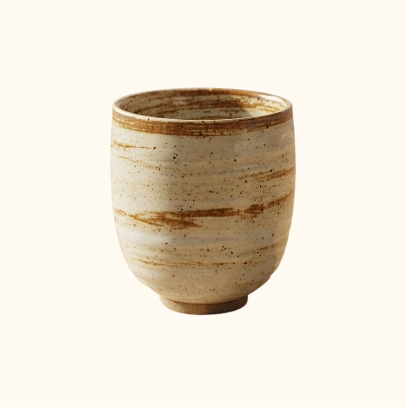 Tea cups ceramic japanese featuring speckled ivory glaze with natural brown striping on neutral backdrop