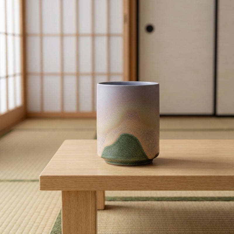 Tea japanese cup set displaying misty mountain scene on low table in traditional tatami room with shoji screen