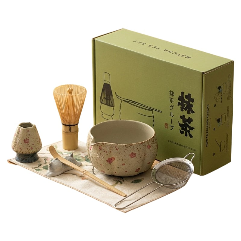 Botanical tea set matcha green box with cherry blossom ceramic bowl linen cloth and bamboo accessories