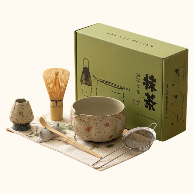 Botanical tea set matcha green box with cherry blossom ceramic bowl linen cloth and bamboo accessories