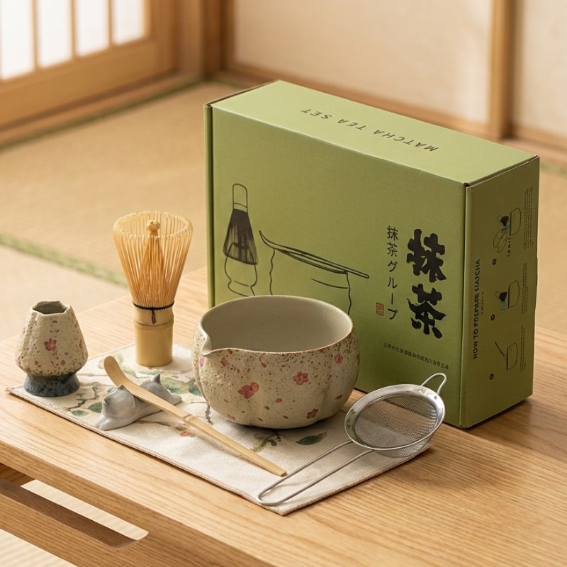 Traditional tea set matcha with delicate pink flower design and green packaging on tatami mat surface