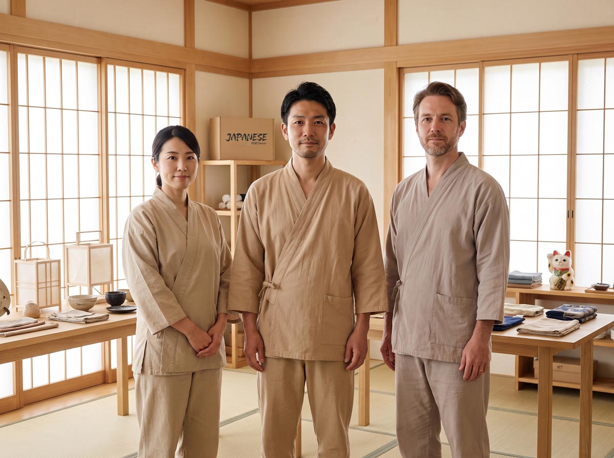 Three people standing in a traditional Japanese decor workshop room wearing matching beige kimono-style robes. The room has wooden shoji screens, tatami flooring, and wooden tables with small items.
