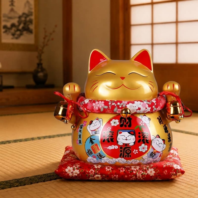 Golden ceramic cat lucky maneki neko figurine with raised paws and gold bells on a red floral cushion, set against a tatami room with a bronze vase and hanging plum blossom scroll
