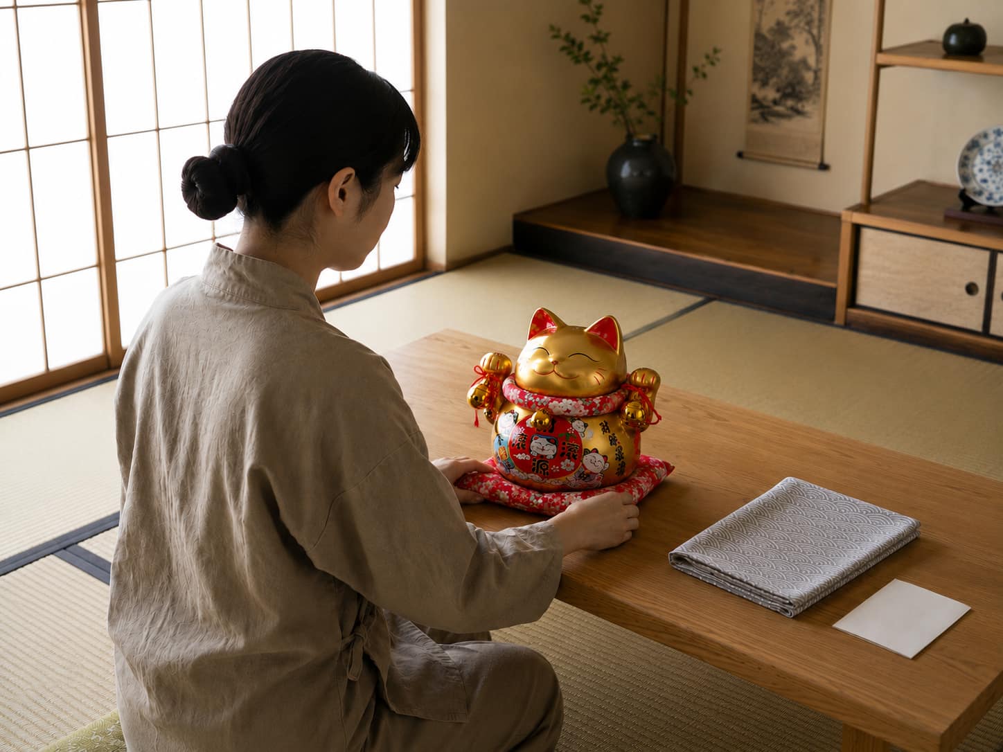 Woman placing a traditional lucky cat maneki neko figurine on its floral cushion atop a wooden table, ink landscape scroll and dark cabinet with ceramic plate visible in the tatami room behind