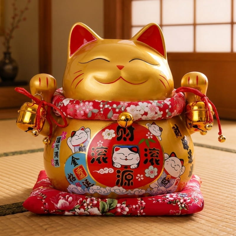 Close-up of a gleaming gold lucky cat maneki neko with red-tipped ears and raised paws, jingling gold bells hanging beside a shoji screen window