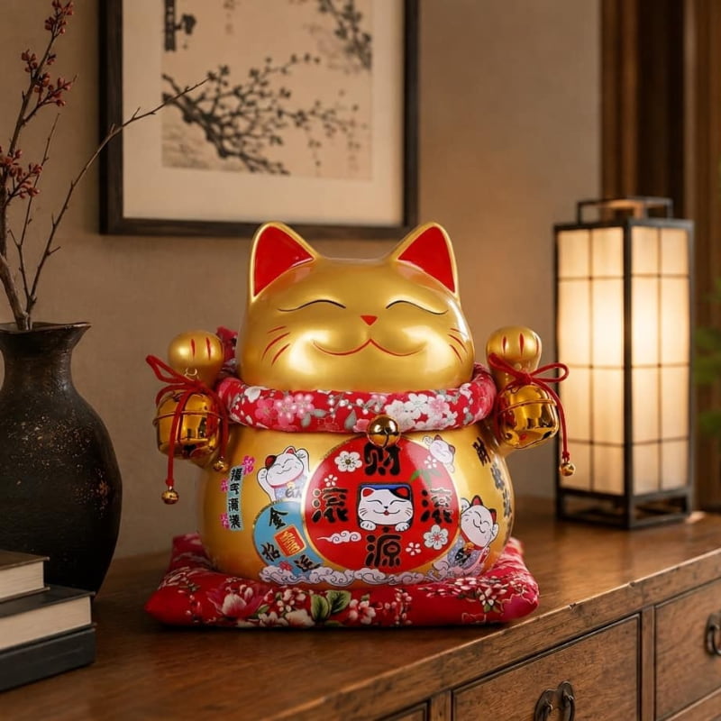 Golden maneki neko cat lucky figurine displayed on a dark wood cabinet beside stacked books, a bronze vase with plum branches, and a glowing black lantern lamp
